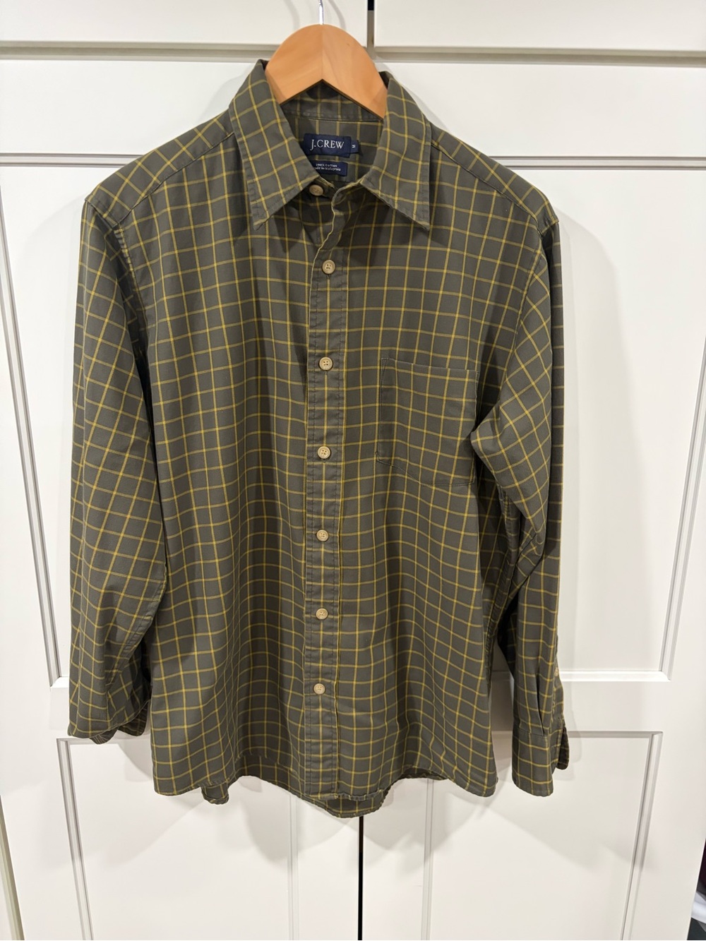 J. Crew Olive Green Plaid Button-Down Shirt with Yellow Grid